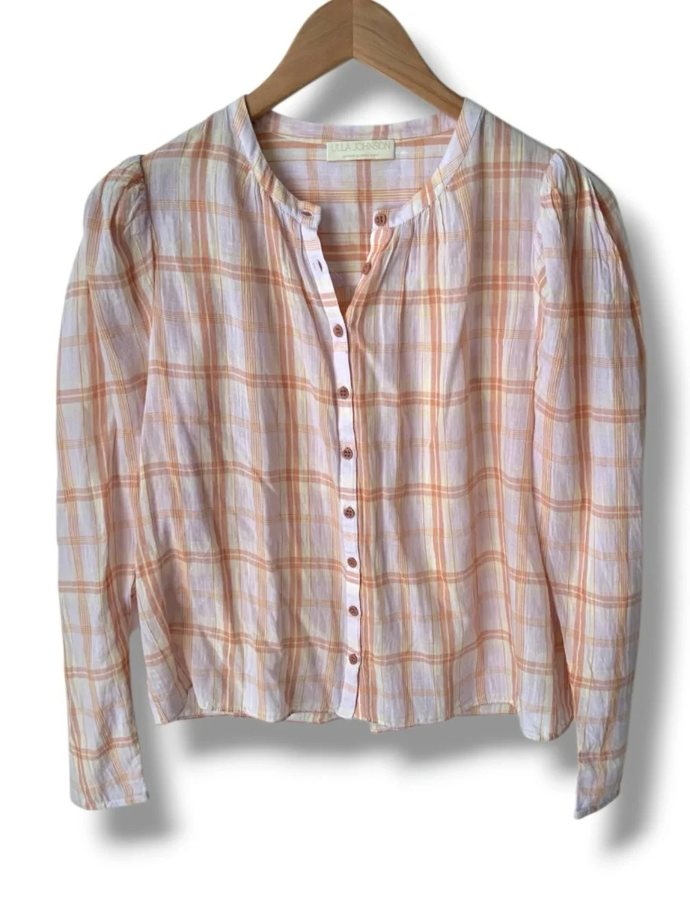 ULLA JOHNSON Nour Blouse Plaid Button-Down Plaid Pink Orange Size 2